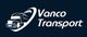 Logo mit einem Lkw und dem Schriftzug "Vanco Transport" auf dunklem Hintergrund.