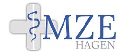 Logo von MZE Hagen mit grauem Kreuz und blauem Äskulapstab.