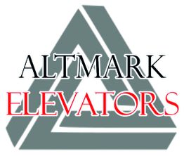Grau-weißes dreieckiges Logo mit den Worten "Altmark Elevators" in Schwarz und Rot.