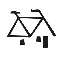 Desenho minimalista de uma bicicleta estilizada formando a silhueta de uma casa.