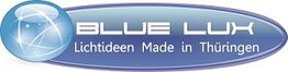 Blaues Logo mit Text: "BLUE LUX - Lichtideen Made in Thüringen".