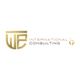 Logo con scritta "International Consulting" e simbolo astratto dorato su sfondo bianco.