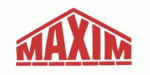 Logo mit rotem Schriftzug "MAXIM" in Dreiecksform.