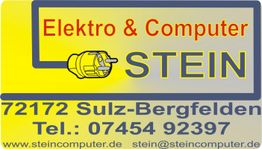 Gelbes Werbeschild mit "Elektro & Computer Stein", Kontakt und Webseite in Sulz-Bergfelden.