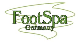 Logo mit grünem Text: "FootSpa Germany" vor einem geschwungenen grünen Hintergrund.