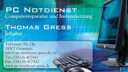 Geschäftskarte für PC-Notdienst: Computer, Tastatur und Kontaktinformationen für Thomas Gress.