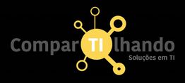Logotipo com texto: "Compartilhando Soluções em TI", fundo preto e elemento gráfico amarelo.