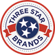 Logo with three stars and text "Three Star Brands" on a red and blue circular design.
