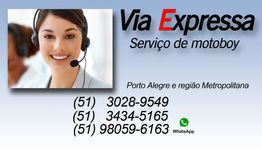 Mulher com fone de ouvido ao lado de contatos de serviço de motoboy Via Expressa em Porto Alegre.