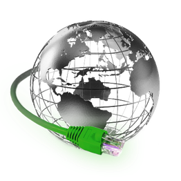 Silberner Globus mit grünem Ethernet-Kabel, das sich um die südliche Halbkugel wickelt.