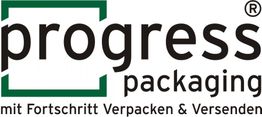 Logo mit Schriftzug: "Progress Packaging mit Fortschritt Verpacken & Versenden".