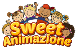 Illustrazione con bambini sorridenti e la scritta "Sweet Animazione" in caratteri colorati.