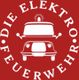 Ein stilisiertes Feuerwehrfahrzeug mit Text "Die Elektro Feuerwehr" auf rotem Hintergrund.