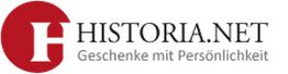 Logo von Historia.net mit rotem Kreis und dem Slogan „Geschenke mit Persönlichkeit“.