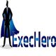 Silhouette of a superhero in a suit with "ExecHero" text in blue font.