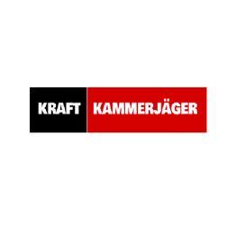Logo mit schwarzem und rotem Hintergrund. Text: "KRAFT KAMMERJÄGER".