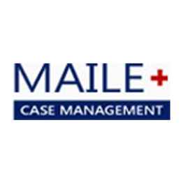 Maile Case Management logo with a red plus symbol on a white and blue background.