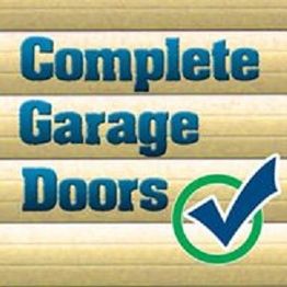 "Complete Garage Doors logo with a green checkmark on a striped background."