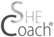 Logo mit Text „SHE Coach“ in Schwarz und Grau.