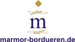 Logo mit einem blauen "m", goldener Raute und Schriftzug "marmor-bordueren.de".