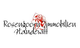 Logo mit roter Rose und Text: "Rosengoorn Immobilien Handewitt" in schwarzer Schrift.