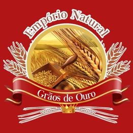 Logo com espigas de trigo e texto "Empório Natural Grãos de Ouro" em fundo vermelho.