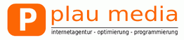 Orange-weißes Logo mit "plau media" und den Sätzen "internetagentur - optimierung - programmierung".