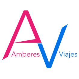 Logo de "Amberes Viajes" con letras estilizadas en rosa y azul.