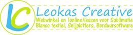 Logo van Leokas Creative met tekst over sublimatie, textiel, snijplotters en borduursoftware.