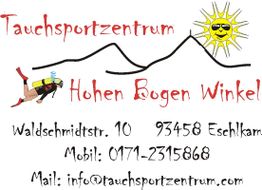 Tauchsportzentrum-Logo mit Taucher, Sonne und Kontaktdaten, inklusive Adresse und Telefonnummer.