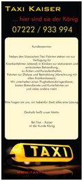 Der Flyer von Taxi Kaiser beschreibt diverse Transportdienstleistungen und betont Kundenzufriedenheit.