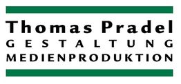 Logo mit dem Text "Thomas Pradel, Gestaltung, Medienproduktion", grün umrandet.