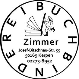 Kreislogo mit offenem Buch, lesender Figur und Kontaktadresse von Buchbinderei Zimmer.