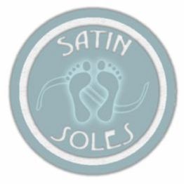 Logo with footprint design and text "Satin Soles" in a circular teal and white emblem.