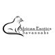 Silhouette of a sitting cat beside the text "African Exotics Savannahs."