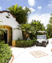 Camino rodeado de palmeras con carrito de golf y edificio blanco bajo cielo soleado.