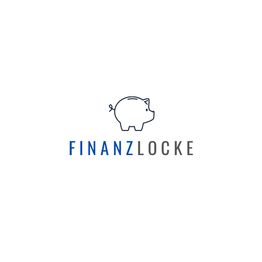 Ein minimalistisches Sparschwein-Logo mit dem Schriftzug "Finanzlocke" in Blau und Grau.