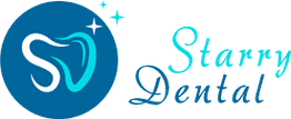 Logo for "Starry Dental" with a stylized tooth and starry accents in blue and turquoise.