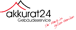 Logo von "akkurat24 Gebäudeservice" mit Slogan "Ihr Haus in guten Händen" und rotem Dachsymbol.