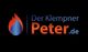 Logo mit Flammensymbol und Text: "Der Klempner Peter.de" in Blau und Orange vor schwarzem Hintergrund.