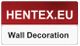 Bord met tekst "HENTEX.EU" en "Wall Decoration" op een rode en witte achtergrond.