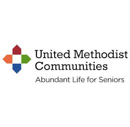 Logo of United Methodist Communities with slogan "Abundant Life for Seniors" next to a colorful cross.