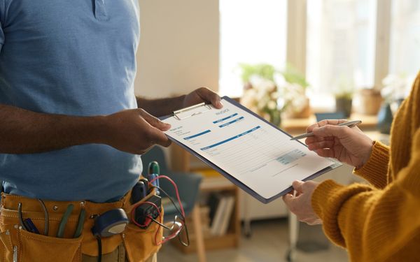 Ein Handwerker hält einer Kundin eine Rechnung auf einem Klemmbrett zum Unterschreiben entgegen.