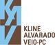 Abstract design with "Kline Alvarado Veio-PC" in brown text beside blue and brown initials "KAV".