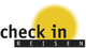 Logo mit Text "check in REISEN" vor gelber Sonne.