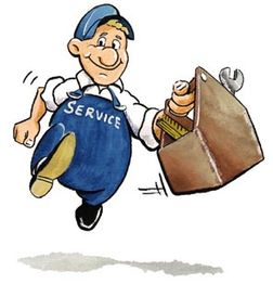 Comic-Techniker mit Werkzeugkoffer und blauer "Service" Latzhose.