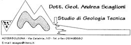 Logo di uno studio di geologia tecnica a Bologna, con montagne stilizzate e contatti.