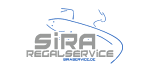 Logo von SiRA Regalservice mit einem abstrakten blauen Regal im Hintergrund.