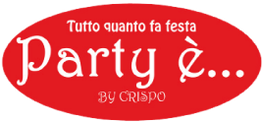 Scritta bianca su sfondo rosso: "Party è... Tutto quanto fa festa BY CRISPO".
