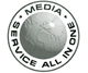 Logo mit Globus und Text: "MEDIA SERVICE ALL IN ONE" in einem Kreis.